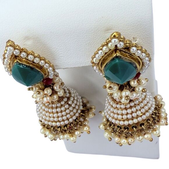 Kundan Polki Jhumka White Pearl Earrings Chandelier Glass Red Green Gold Wedding - Picture 6 of 15